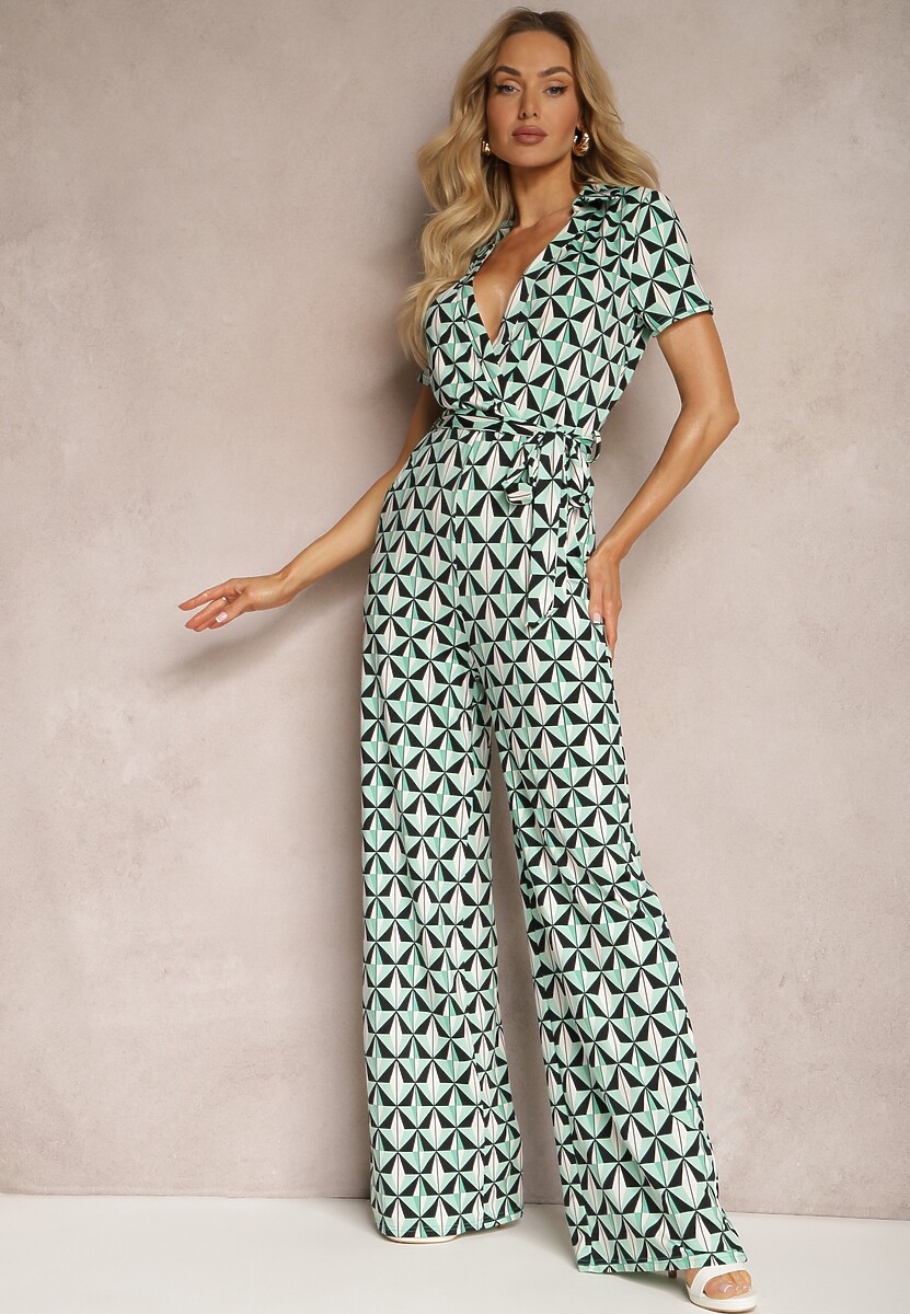 Zielony Długi Kombinezon Wiązany w Pasie z Kopertowym Dekoltem w Mozaikowy Wzór Maellias