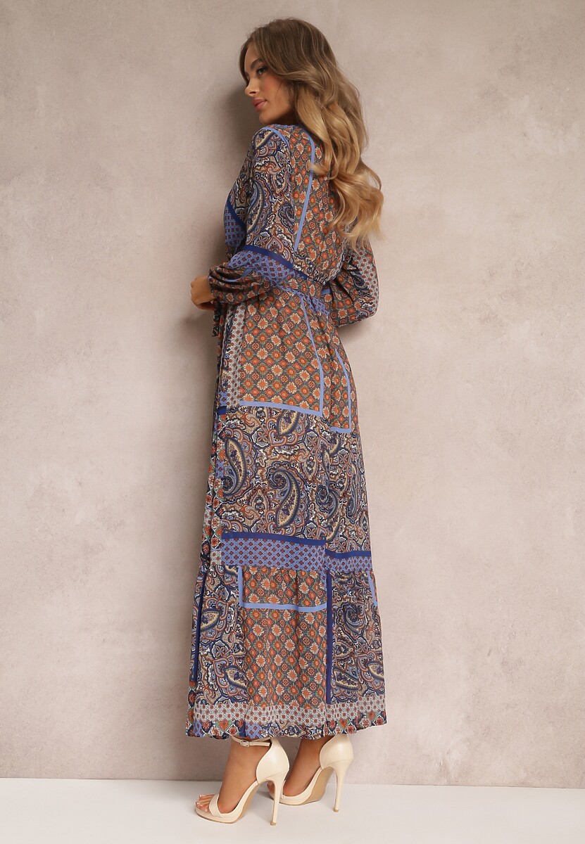 Niebiesko-Brązowa Sukienka Rozkloszowana w Patchworkowy Wzór Balmi