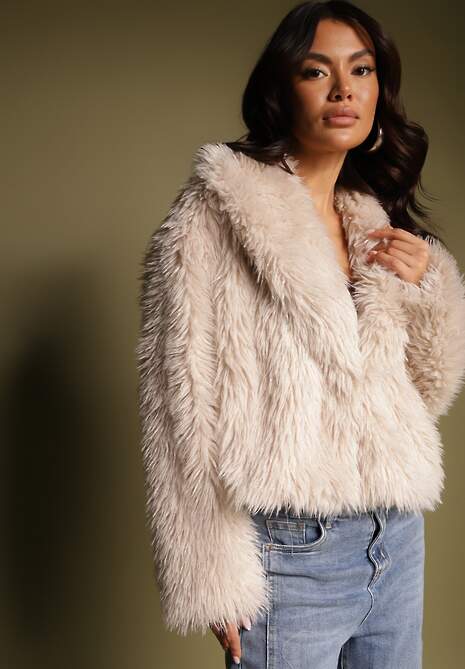 Beżowa Krótka Kurtka Futerko z Szerokim Kołnierzem Areti