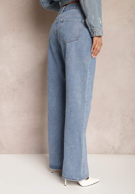 Niebieskie Szerokie Jeansy z Bawełny z Kieszeniami Afotta