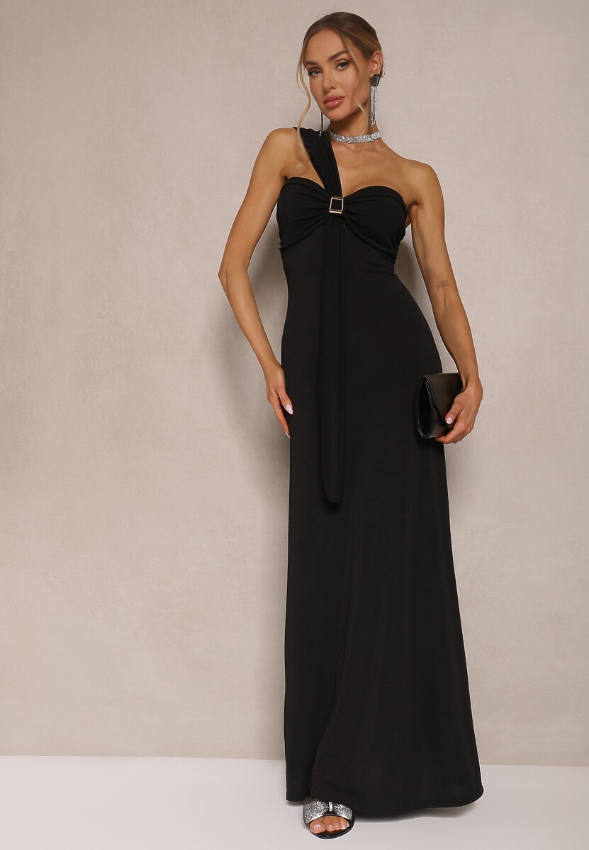 Czarna Asymetryczna Sukienka Koktajlowa Ozdobiona Metaliczną Aplikacją Divianis