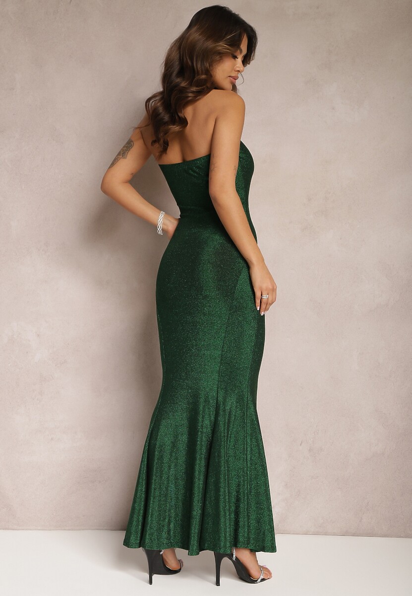 Zielona Połyskująca Sukienka Maxi Bez Ramiączek z Rozkloszowanym Dołem Botalia