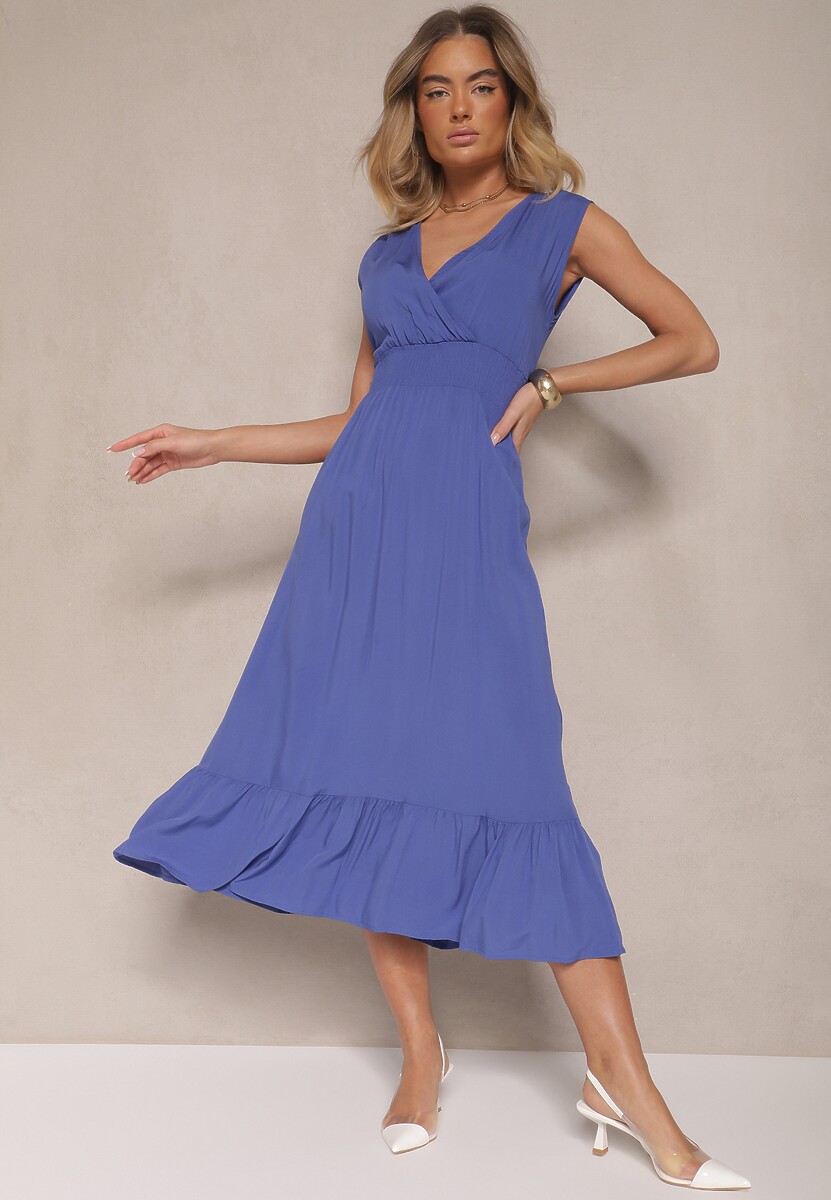 Niebieska Kopertowa Sukienka z Wiskozy Zdobiona Falbanką Ularisela