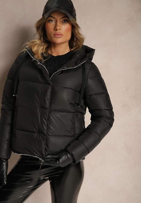 Czarna Pikowana Kurtka Płaszcz z Kapturem i Regulowaną Długością Tirilele