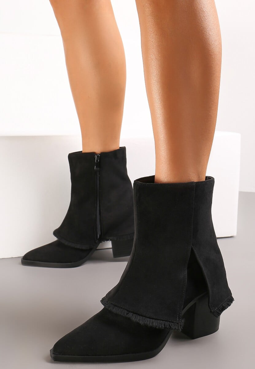 Czarne Botki na Słupku z Wywiniętą Cholewką Kriese