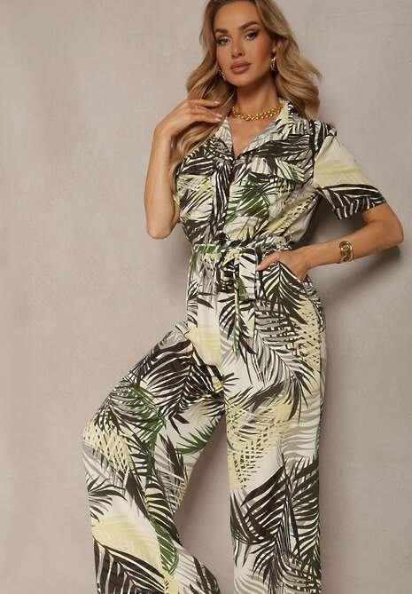 Zielono-Beżowy Kombinezon z Krótkim Rękawem z Gumką w Talii i Materiałowym Paskiem Efilove