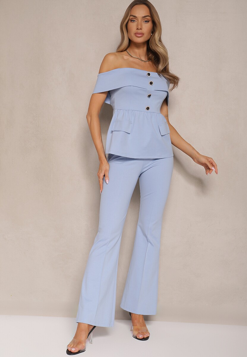 Niebieski Garniturowy Komplet Bluzka Typu Hiszpanka i Spodnie Flare Silkio