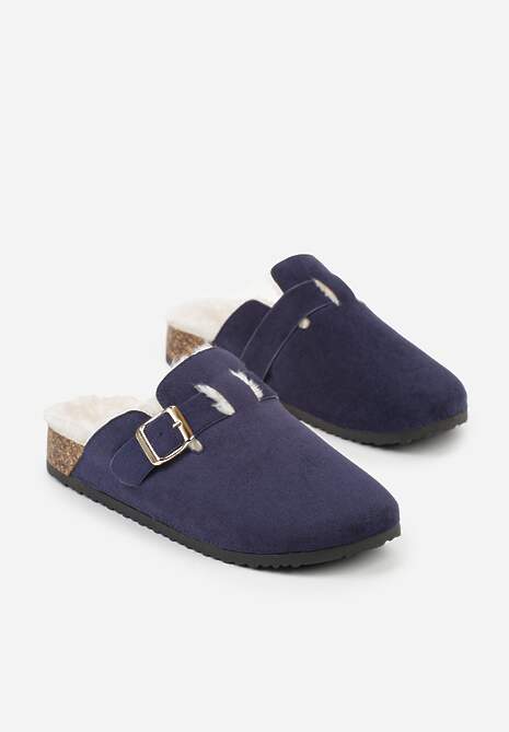 Granatowe Kapcie na Płaskiej Podeszwie Ozdobione  Paskiem z Klamrą Ninnithra