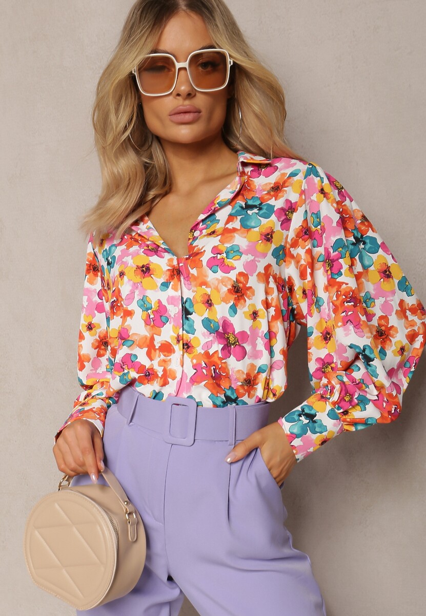 Biało-Pomarańczowa Kwiecista Koszula z Guzikami Phello