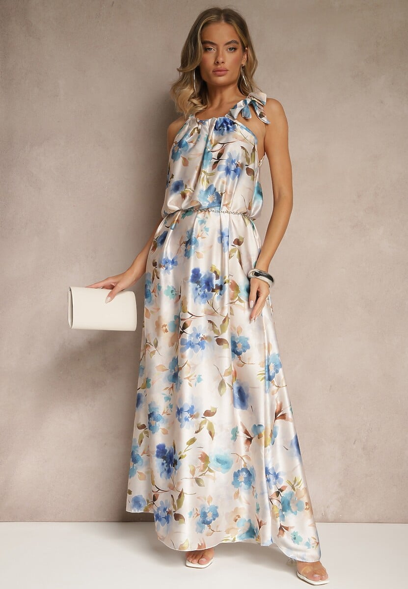 Jasnoniebieska Sukienka z Satyny w Kwiatowy Wzór Fenimea