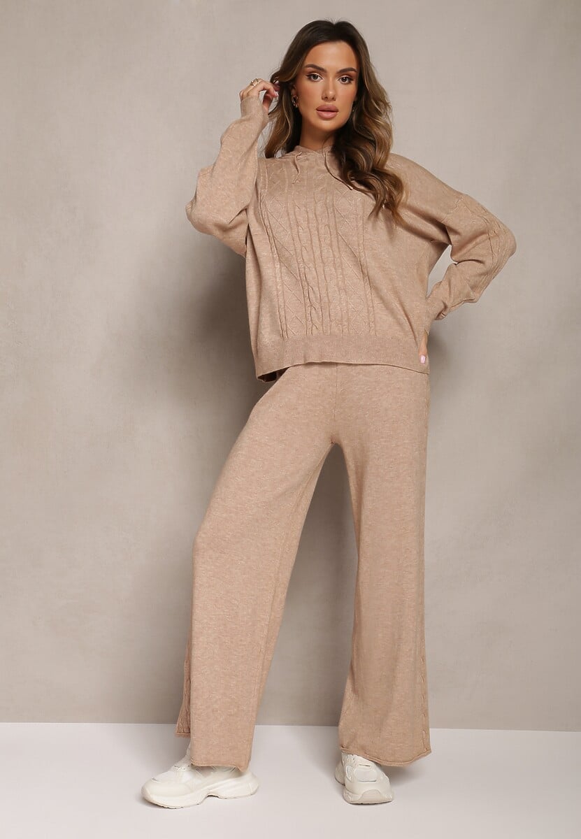 Jasnobeżowy Komplet z Dzianiny Oversizowa Bluza z Kapturem i Spodnie z Szerokimi Nogawkami Mathuva
