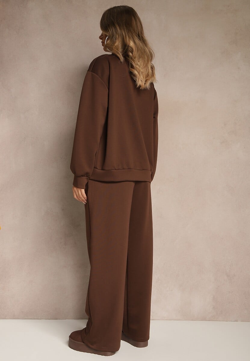 Brązowy Komplet Dresowy z Bawełny Zasuwana Bluza i Spodnie Teviora
