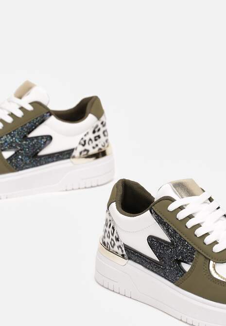 Biało-Zielone Płaskie Sneakersy z Metalową i Brokatową Wstawką Nebritta