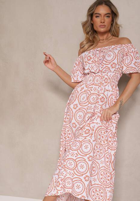 Biało-Pomarańczowa Sukienka o Rozkloszowanym Kroju z Bawełną w Abstrakcyjny Wzór Ldivena