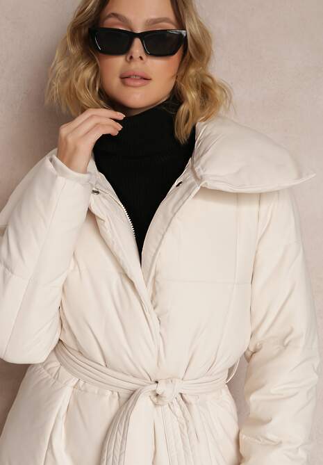 Beżowa Kurtka za Kolano Pikowana Chadi