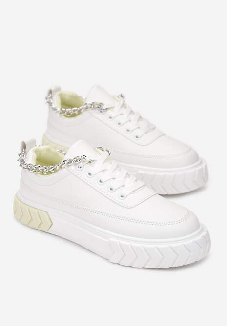 Biało-Żółte Sneakersy na Tłoczonej Platformie Ozdobione Łańcuchem Jaihini