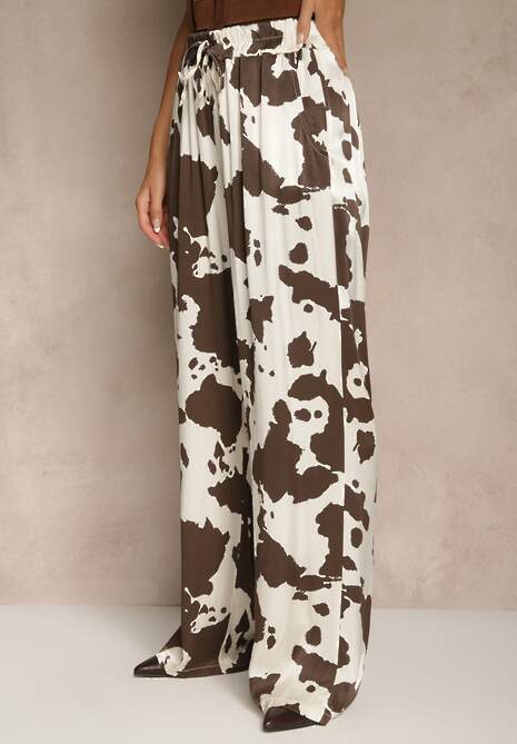 Brązowe Szerokie Spodnie High Waist z Wiskozy w Print w Krowie Łaty Nelianta
