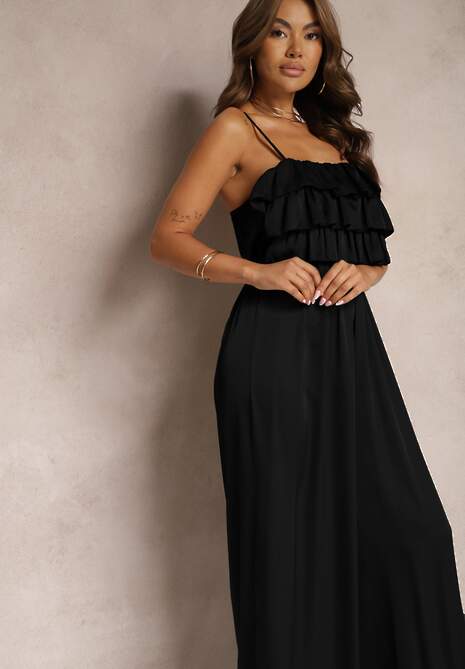 Czarny Koktajlowy Kombinezon na Ramiączkach z Regulacją i Gumką w Talii Uesvia