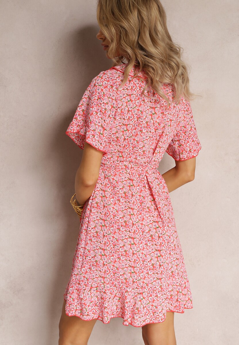 Czerwona Sukienka Kopertowa z Falbankami Aovene