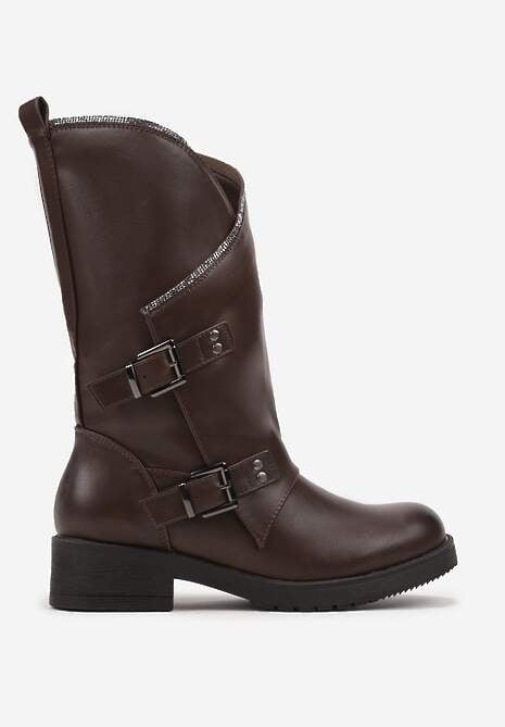 Brązowe Masywne Botki z Asymetryczną Cholewką i Klamrami w Stylu Motocyklowym Erienna