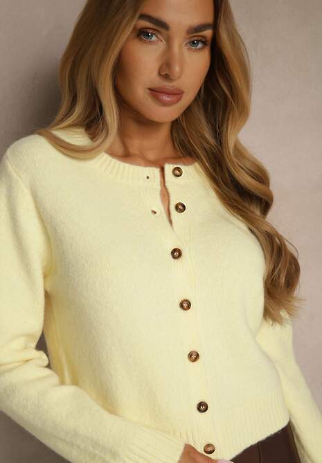 Żółty Prosty Kardigan z Wełną z Okrągłym Dekoltem Reianvela