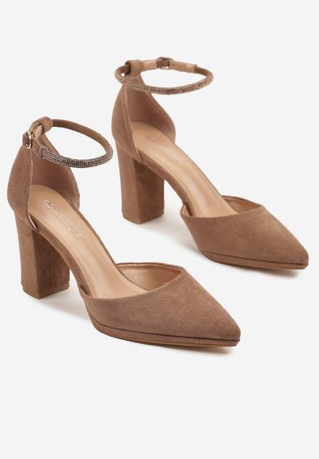 Ciemnobeżowe Klasyczne Czółenka z Ekozamszu na Słupku ze Szpiczastym Noskiem Nusilina