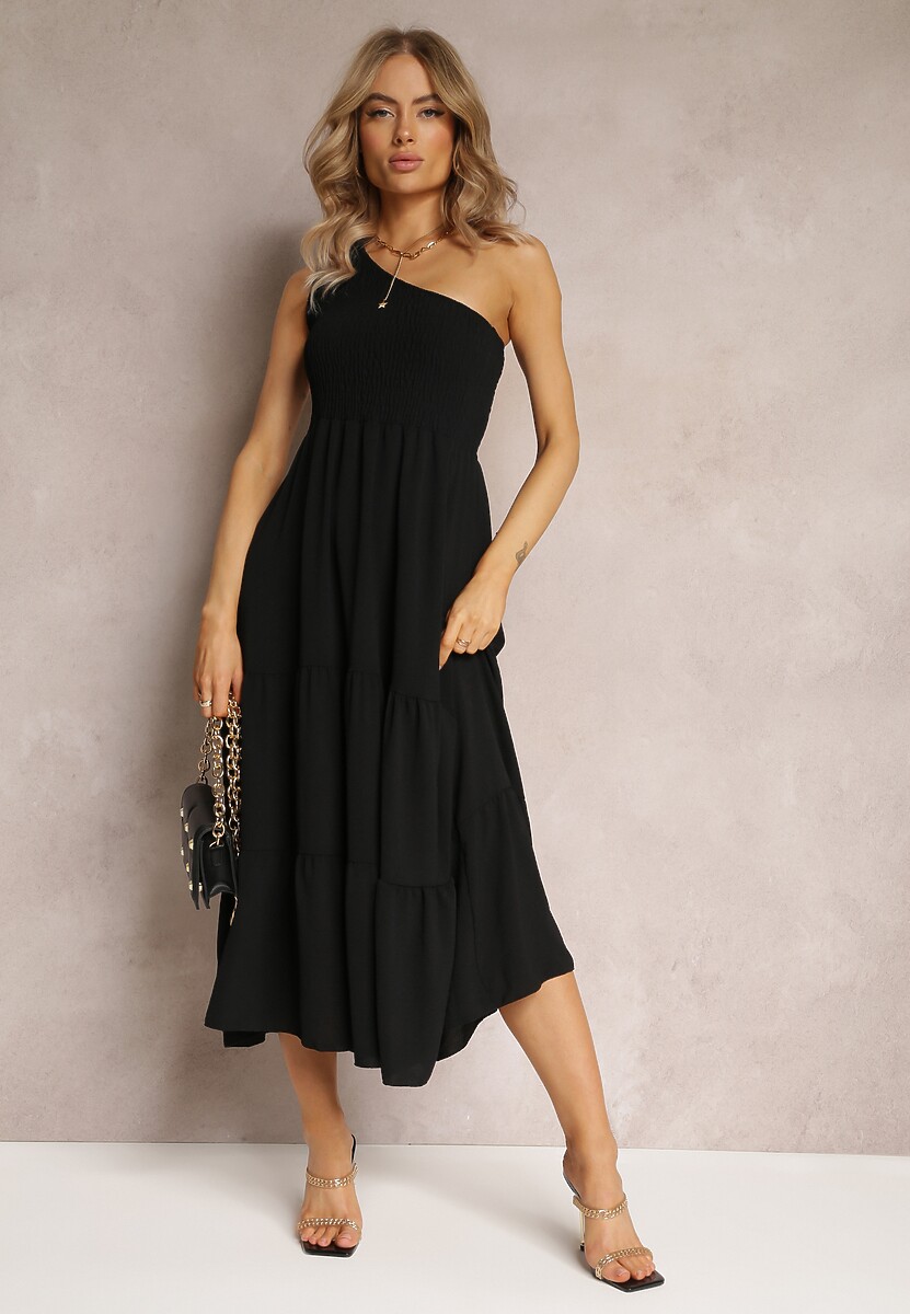 Czarna Sukienka Maxi na Jedno Ramię o Rozkloszowanym Asymetrycznym Kroju z Falbanką Kalphus