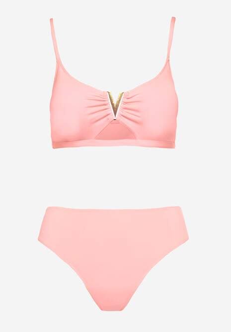 Różowe Bikini Majtki Figi i Biustonosz Ozdobiony Metaliczną Aplikacją Kinniela