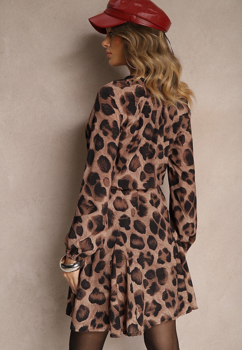 Beżowa Sukienka w Panterkowy Print o Rozkloszowanym Kroju z Wiązaniem w Talii Ameriana