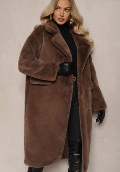 Brązowy Płaszcz z Futra z Zapięciem na Guziki i Wsuwanymi Kieszeniami Paritha
