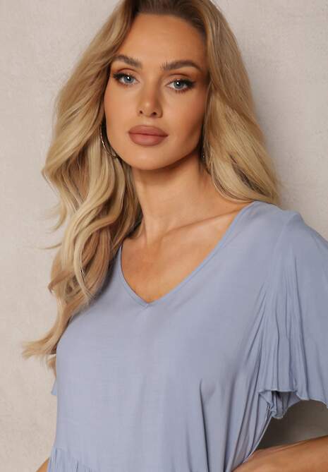 Jasnoniebieska Rozkloszowana Sukienka Midi z Bawełny z Falbanką i Krótkim Rękawem Ilenntia