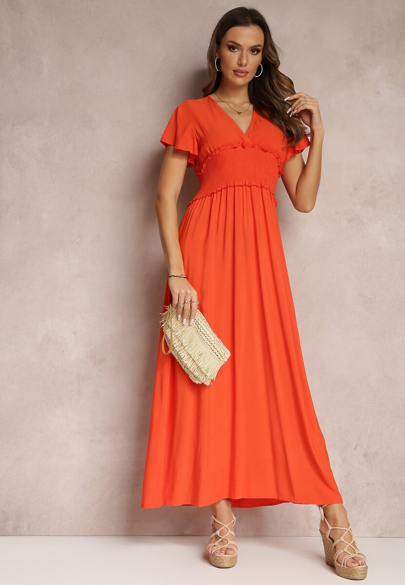 Żółta Wiskozowa Sukienka z Kopertowym Dekoltem i Gumką w Pasie Shura