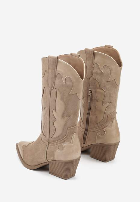 Ciemnobeżowe Kozaki Kowbojki na Stożku z Tłoczoną Cholewką Avrenne