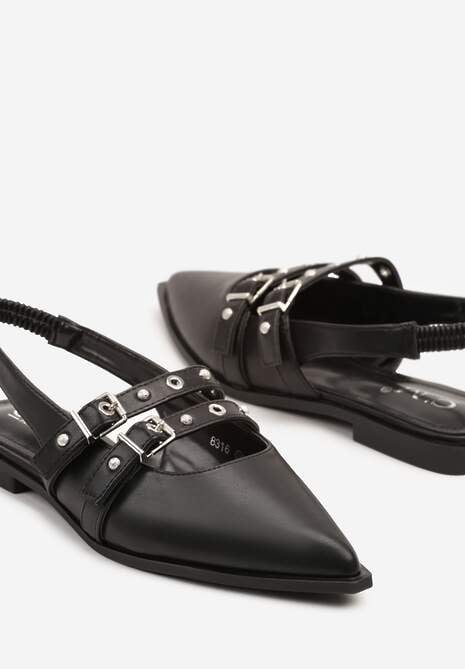 Czarne Sandały ze Szpiczastym Noskiem i Odkrytą Piętą Zdobione Sprzączkami Dorlevia