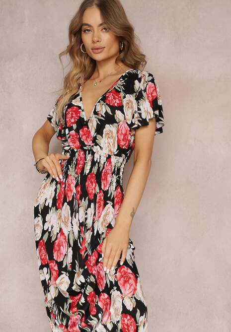 Czarno-Czerwona Kopertowa Sukienka Maxi w Kwiaty z Gumką w Talii Jazzly