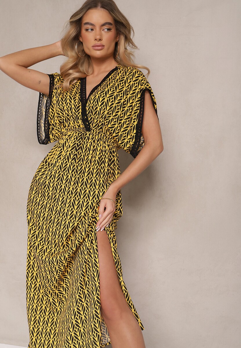 Żółta Sukienka Rozkloszowana z Bawełny Wykończona Koronką Lanadria