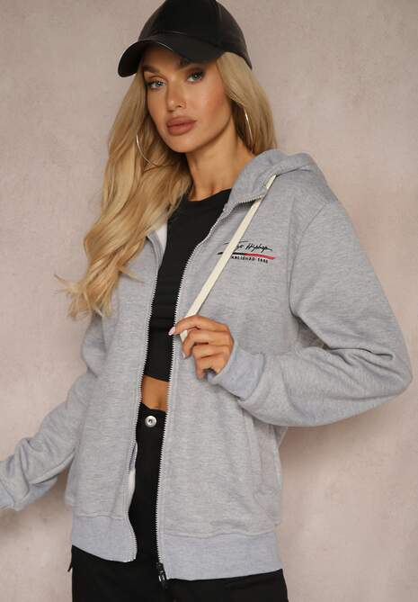 Szara Rozpinana Bluza z Dodatkiem Bawełny z Kapturem i Polarem Tadela