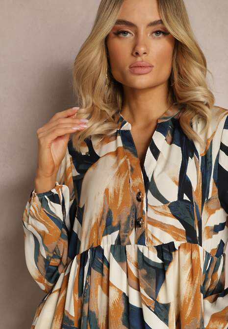 Beżowo-Zielona Rozkloszowana Sukienka o Koszulowym Fasonie w Abstrakcyjny Print Asequa