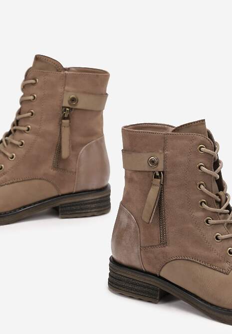 Ciemnobeżowe Botki Workery Ozdobione Suwakiem i Wstawkami z Imitacji Zamszu Esanotte