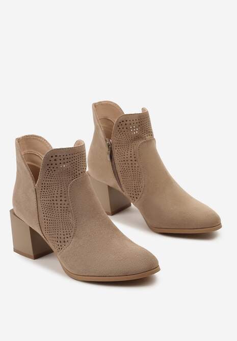 Ciemnobeżowe Botki z Ażurową Cholewką ze Skórzaną Wkładką i Noskiem w Szpic Voilaria