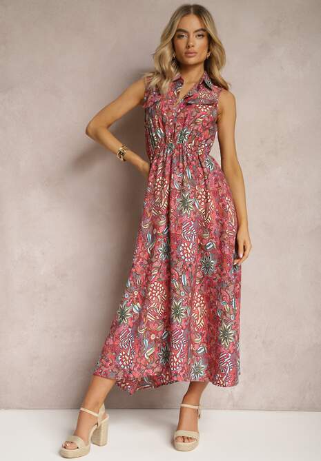 Ciemnoróżowa Kwiecista Sukienka o Rozkloszowanym Kroju Tirana