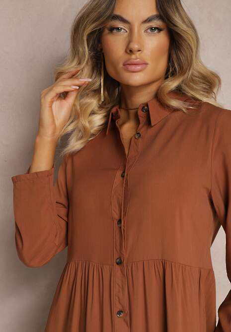 Brązowa Rozkloszowana Sukienka z Bawełny w Koszulowym Stylu Canidre