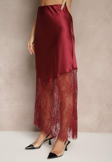 Bordowa Koktajlowa Spódnica z Satyny z Koronką Avelori