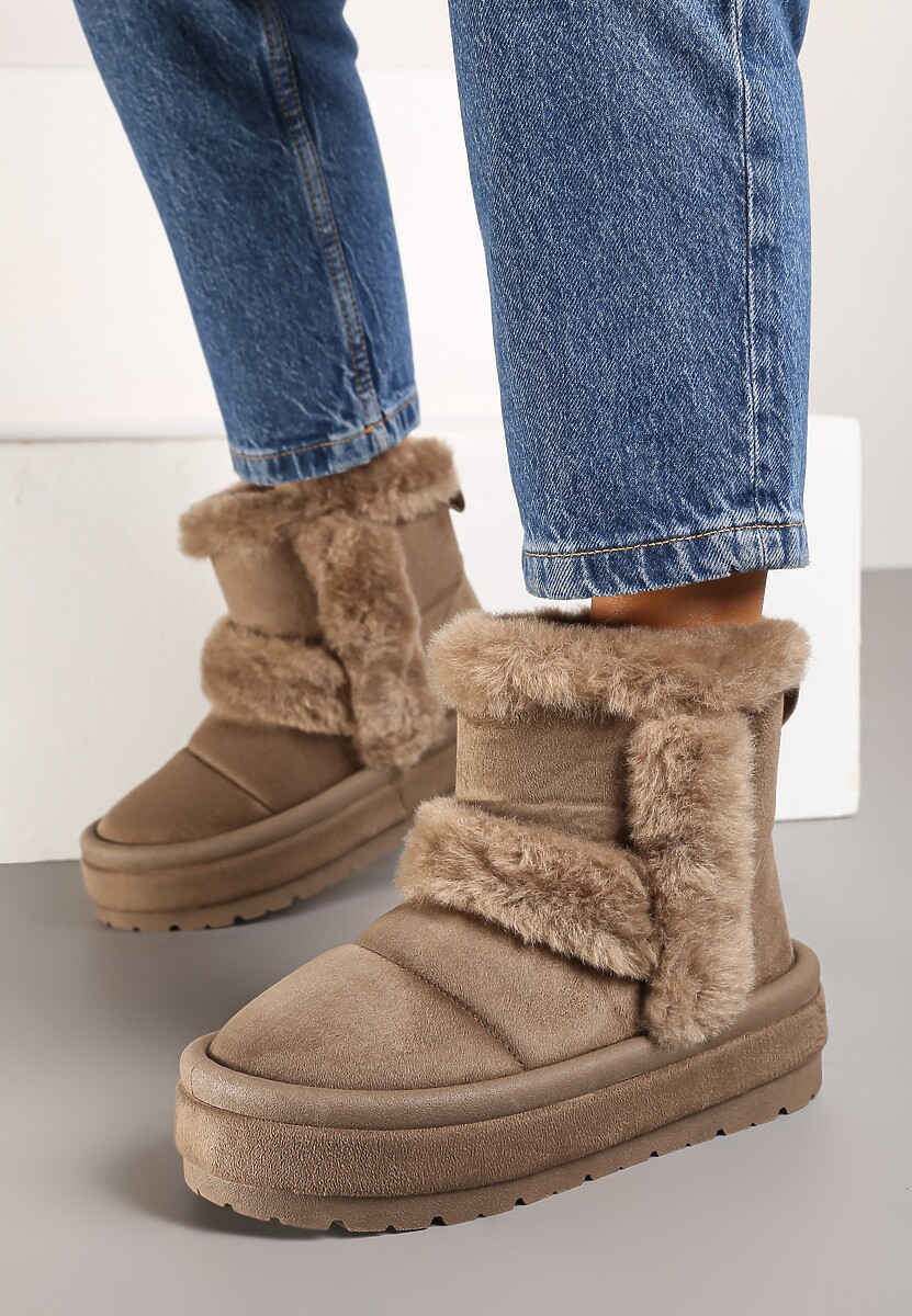 Ciemnobeżowe Ekozamszowe Śniegowce na Platformie z Futrzanymi Wstawkami Mazini