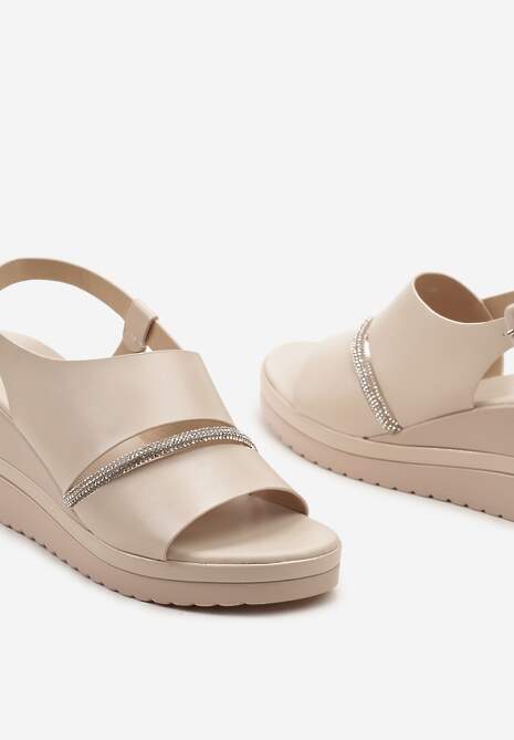Beżowe Sandały na Koturnie bez Pięty z Paskiem z Cyrkoniami Azarepia