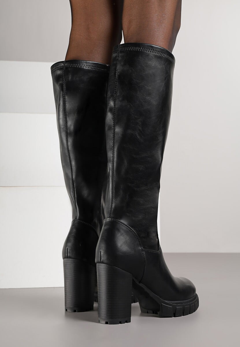 Czarne Kozaki na Słupku i Platformie z Dopasowaną Cholewką Latallea