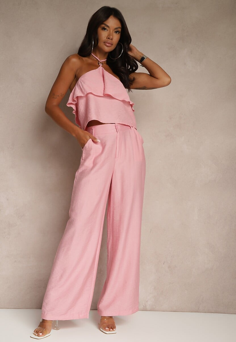 Różowy Komplet z Wiskozą Spodnie i Bluzka z Aplikacją i Falbaną Dolirela