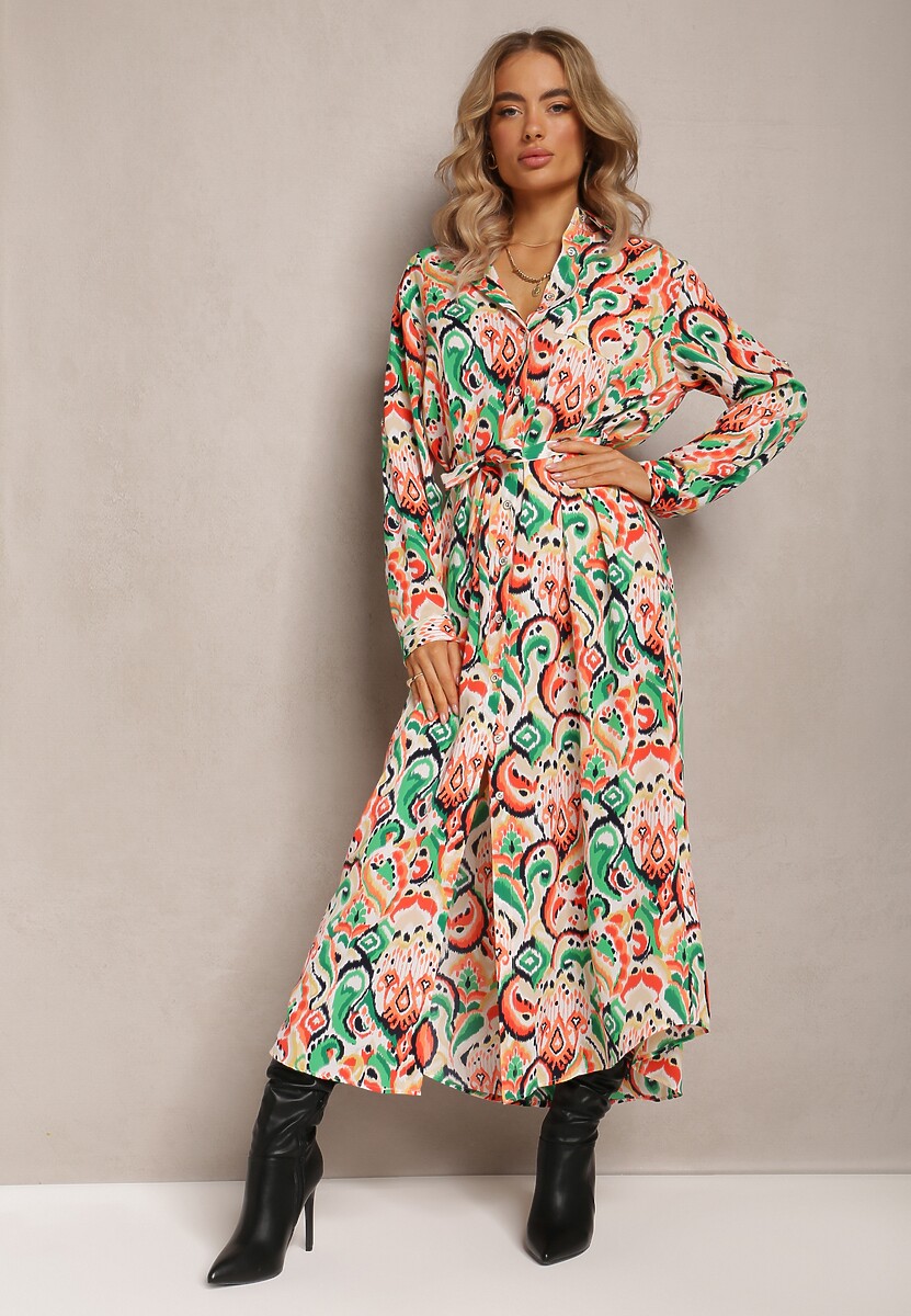 Zielono-Pomarańczowa Koszulowa Sukienka Maxi z Wiązanym Paskiem Tiamella