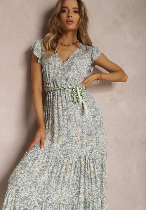 Biało-Zielona Sukienka ze Sznurkiem Olathe