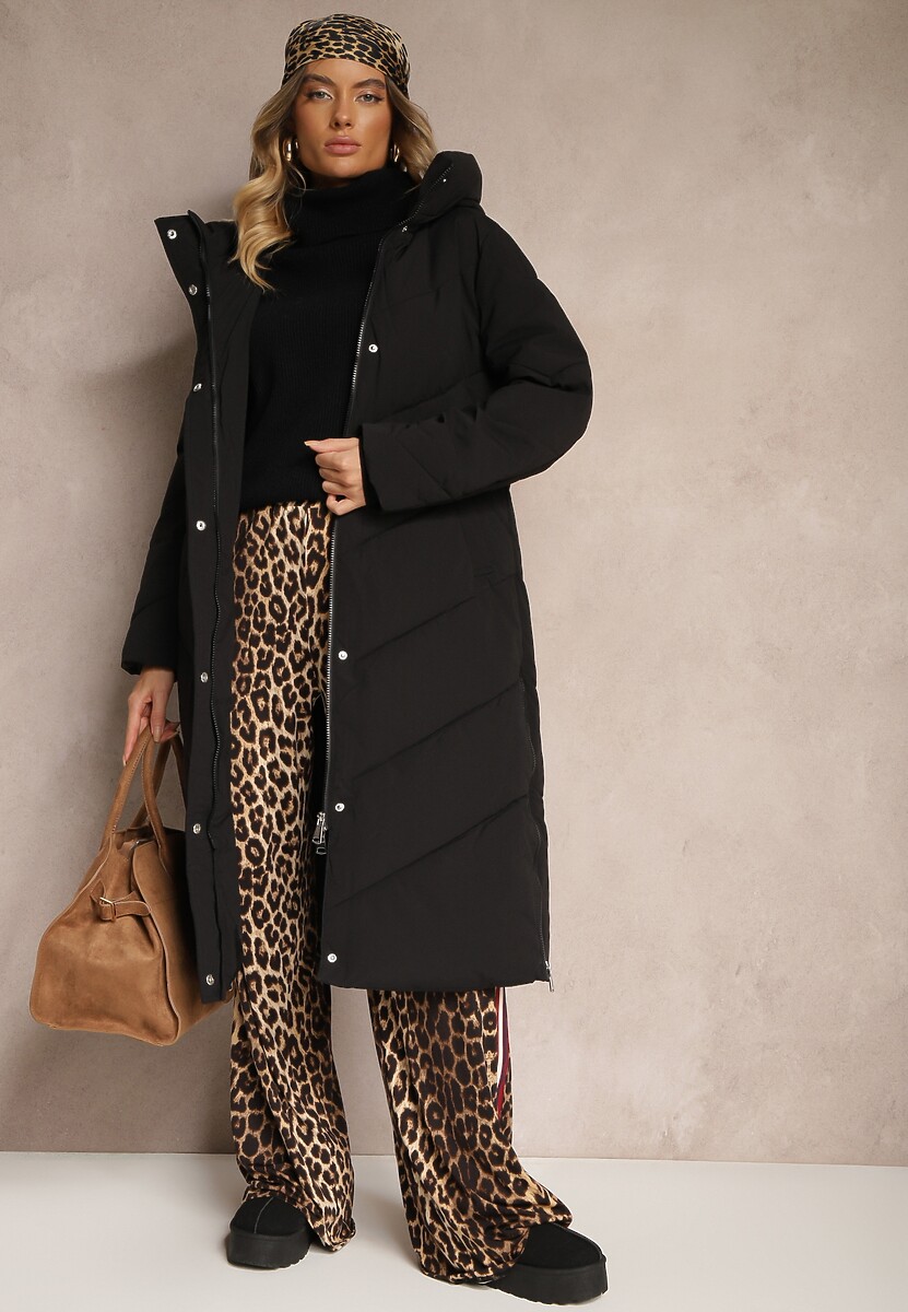 Czarna Długa Kurtka Pikowana z Nieodpinanym Kapturem Nerindale